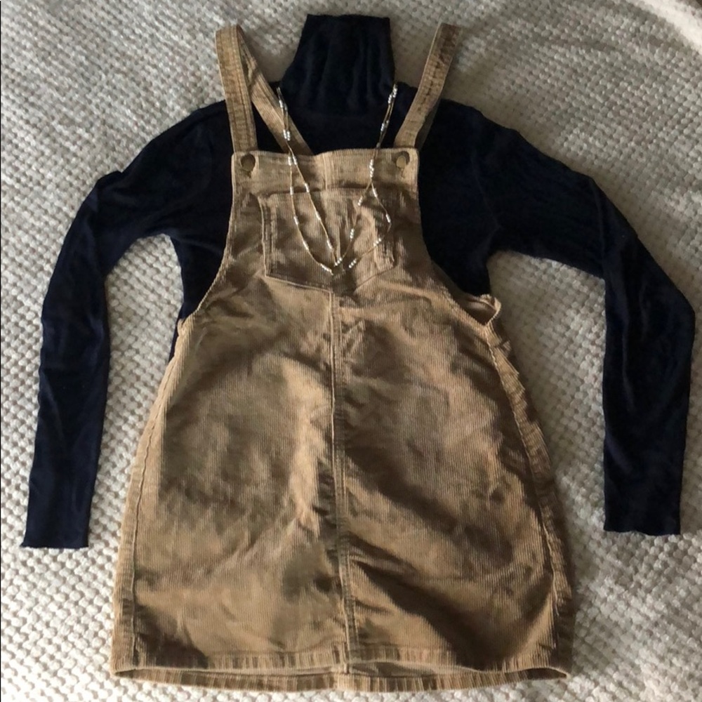 Corduroy tan overall mini dress.